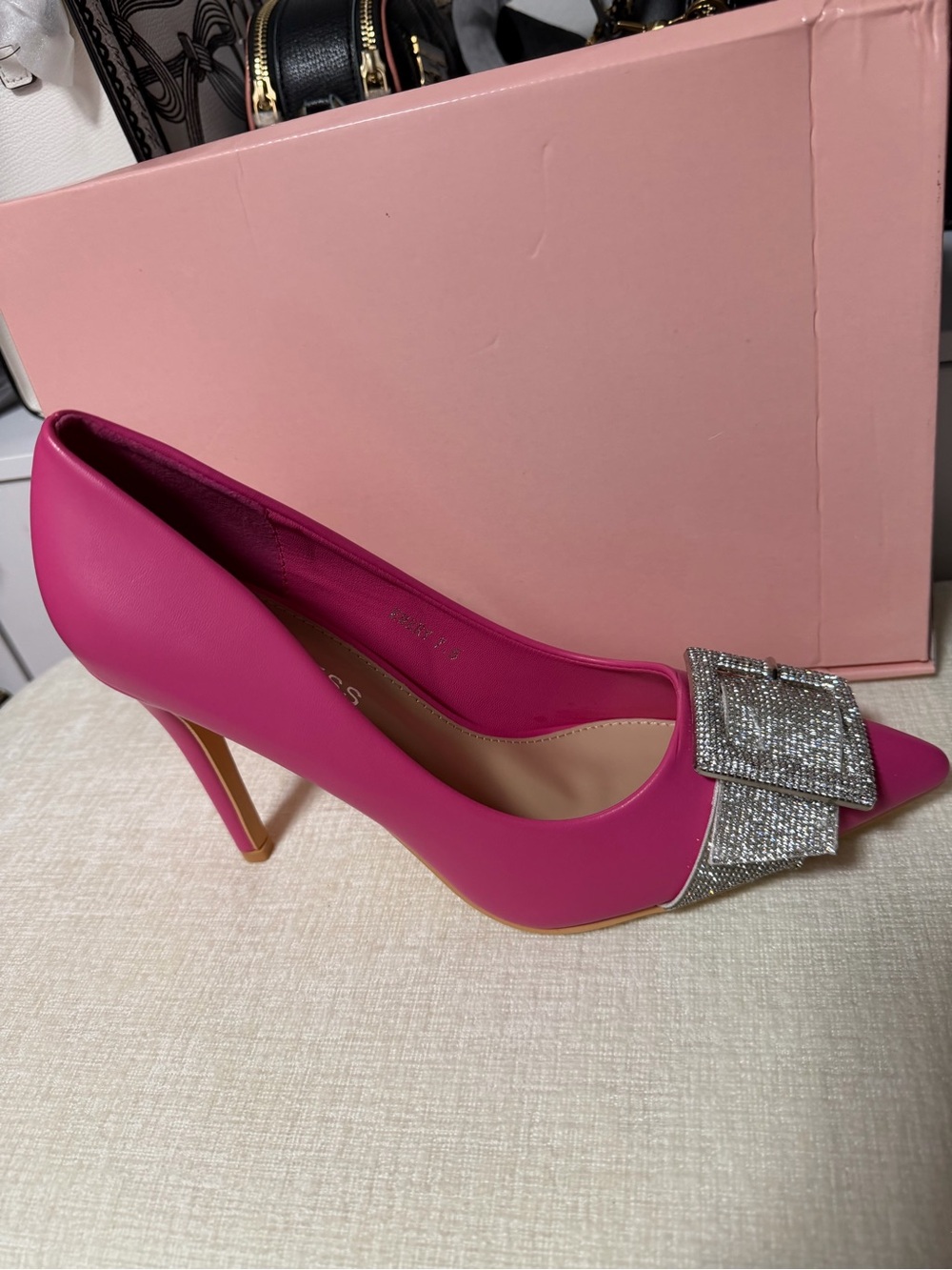 Women's Pink Pointed Toe High Heel Pumps with Rhinestone Bow